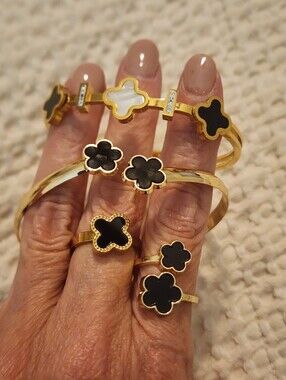 Gold Black Mother Of Pearl Clover Costume Jewelry Lot 2 Bracelets 2 Rings